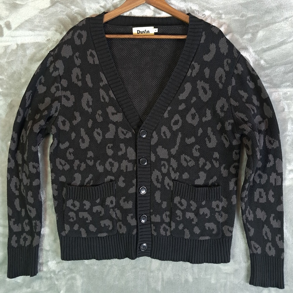 Duvin Design Co Leopard Print Cardigan Black Gray RN 141059 Mens Size M Unisex